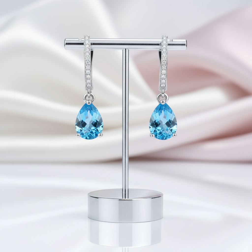 7.26ct Pear Cut Natural Swiss Blue Topaz Jewelry Set-Black Diamonds New York