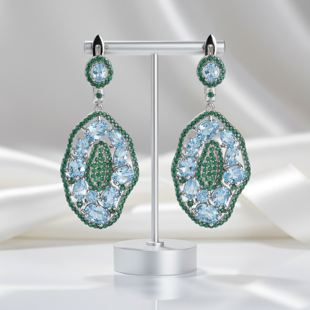 7.74Ct Sky Blue Topaz Hyperbole Earrings-Black Diamonds New York