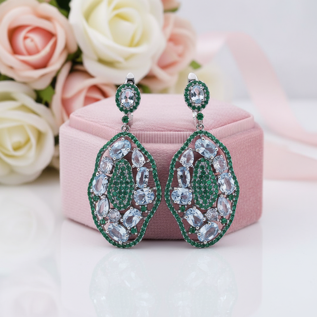 7.74Ct Sky Blue Topaz Hyperbole Earrings-Black Diamonds New York