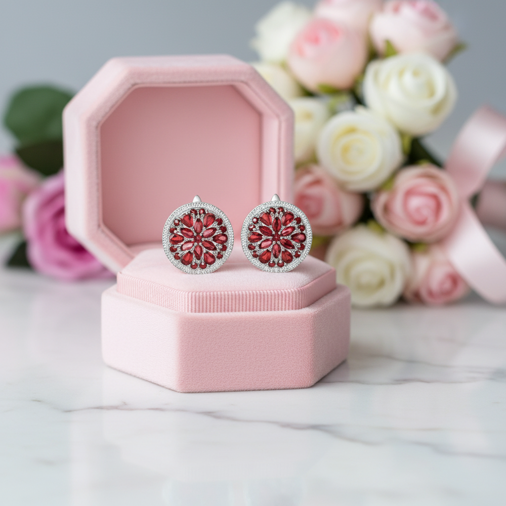7.76 Ct Red Garnet Stud Earrings-Black Diamonds New York