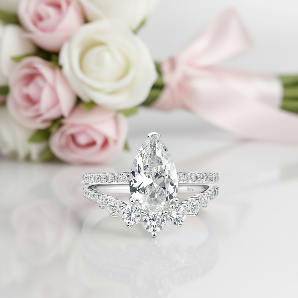 7*11mm Pear Cut Diamond Option Engagement Ring Set-Black Diamonds New York