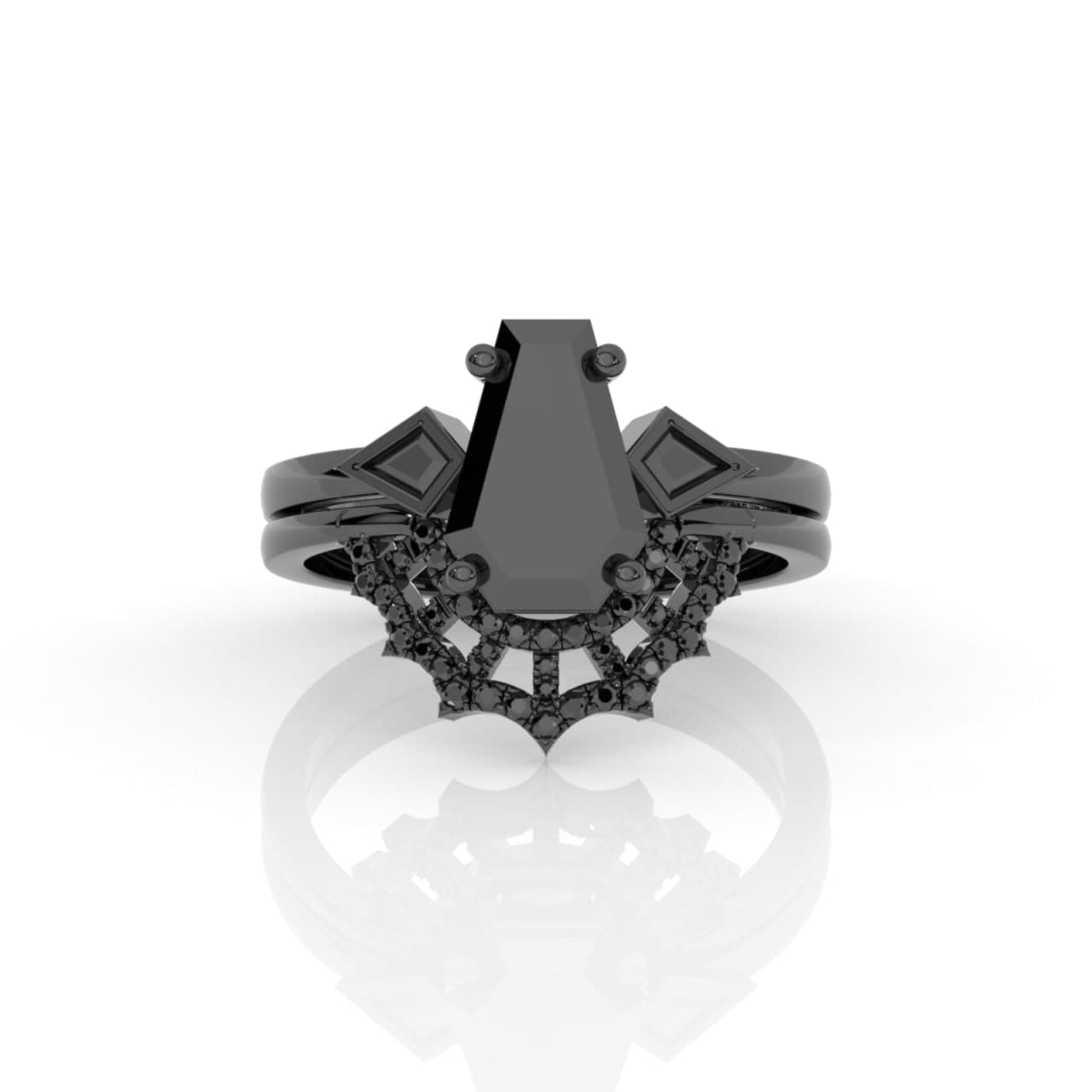 Flash Sale- LOVE SPELL- Coffin Cut Moissanite Spider Web Gothic Wedding Ring Set-Black Diamonds New York