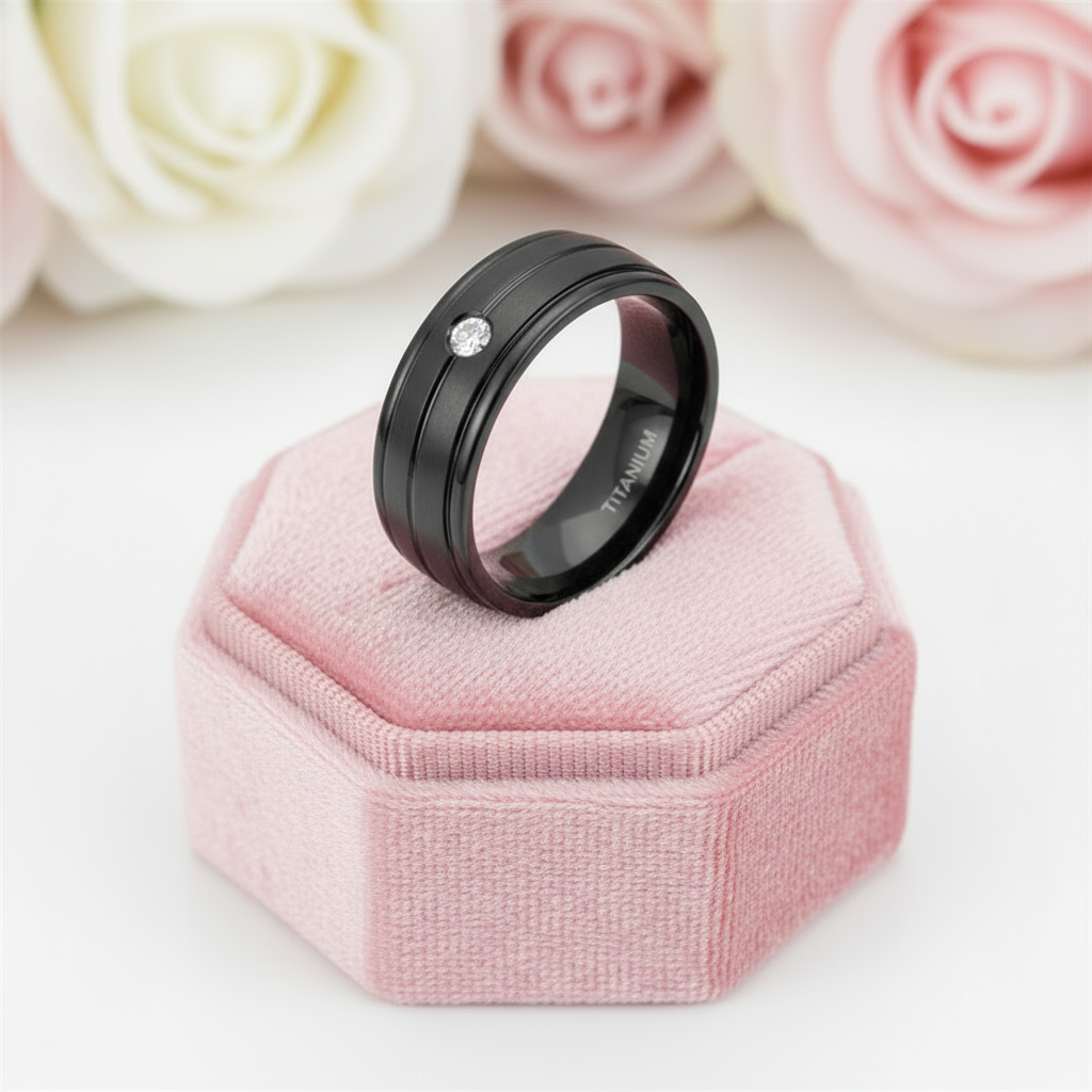 7mm Black Titanium Men's Wedding Band with Diamond-Black Diamonds New York