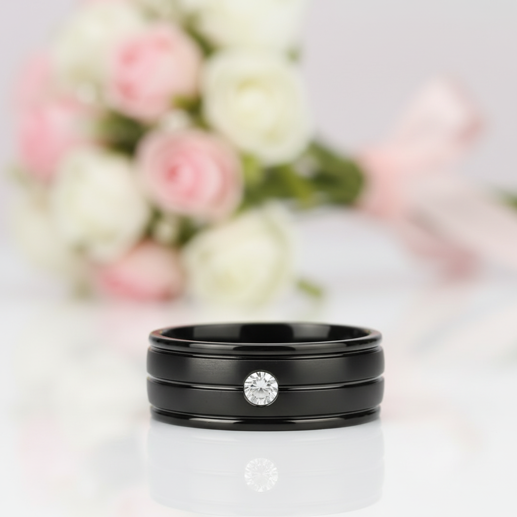 7mm Black Titanium Men's Wedding Band with Diamond Option-Black Diamonds New York