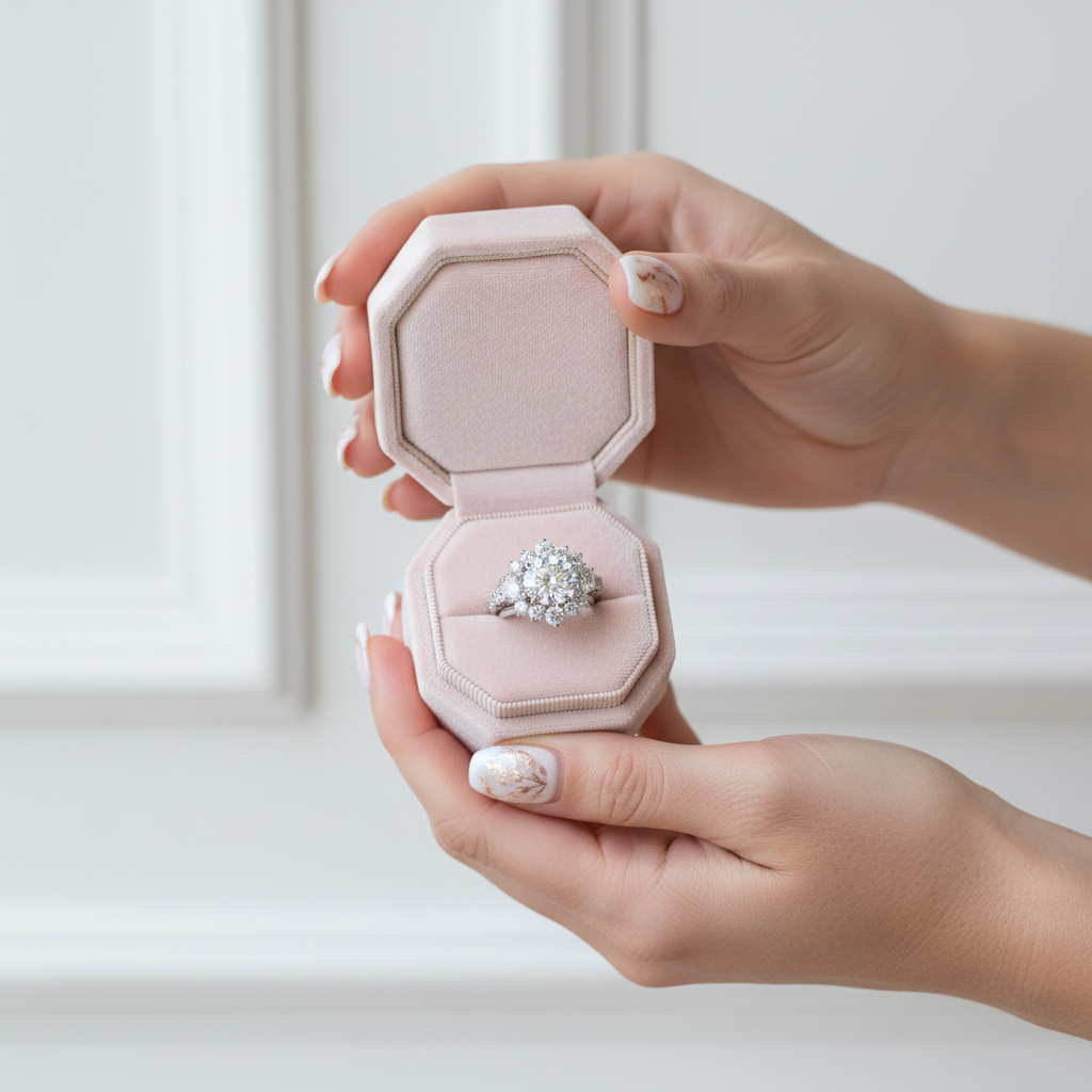 A close-up of a person's hands holding an open light pink octagonal ring box, with a sparkling diamond ring displayed inside on a soft pink cushion. The background is a clean, bright white interior wall.
