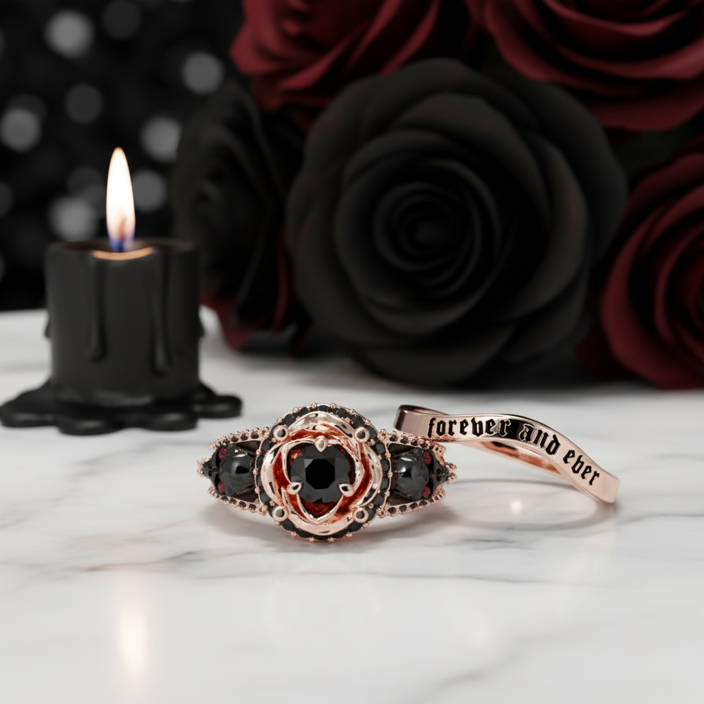 Forever And Ever Wedding Rings- 14k Rose Gold with Skulls-Black Diamonds New York
