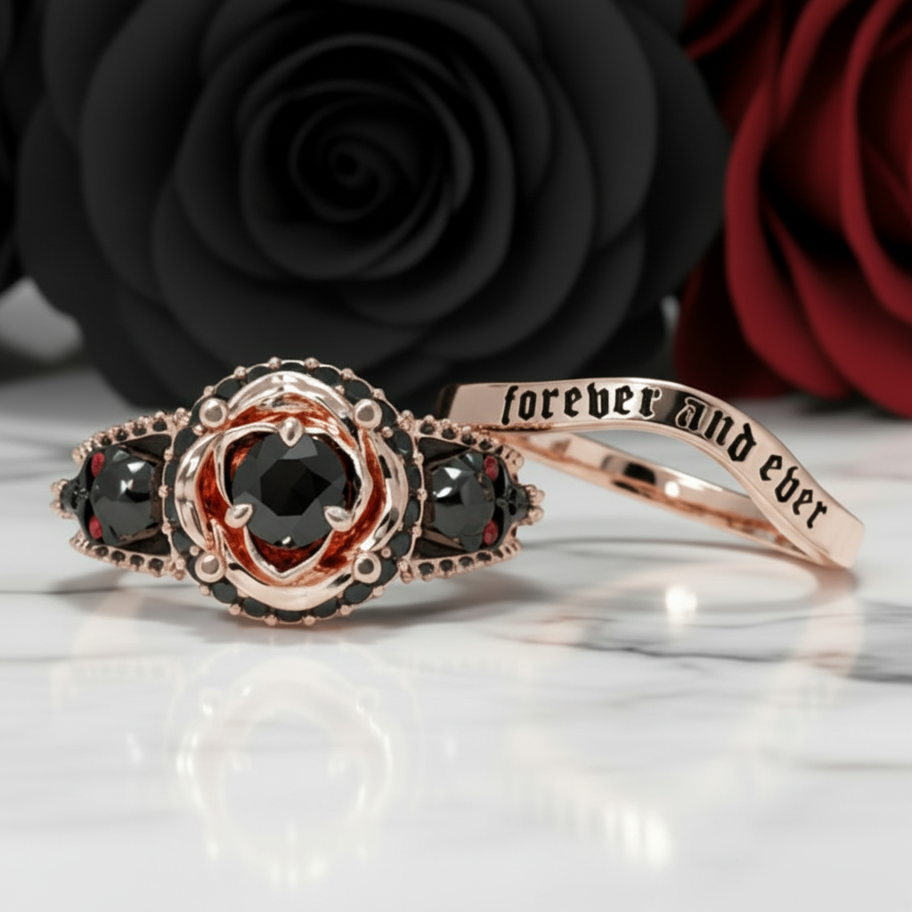 Forever And Ever Wedding Rings- 14k Rose Gold with Skulls-Black Diamonds New York
