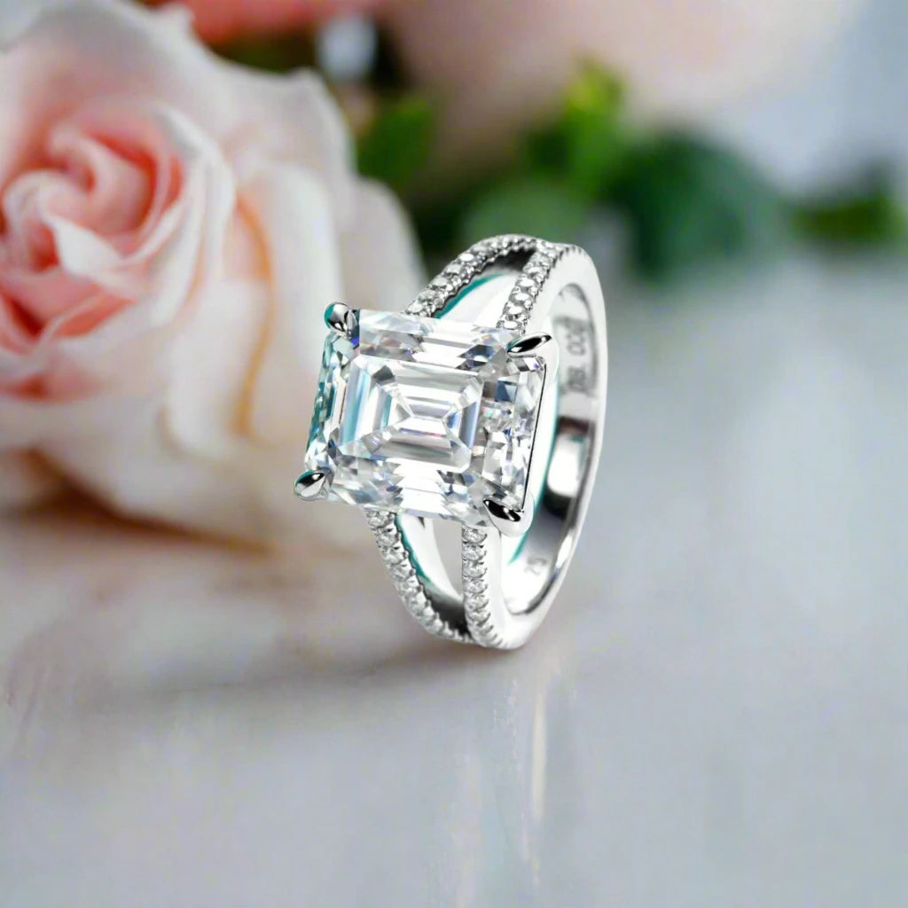 8.0 Ct Emerald Cut Diamond Split Shank Engagement Ring-Black Diamonds New York