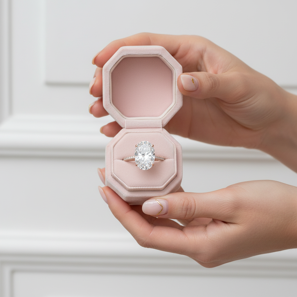 Hand holding a pink jewelry box with an engagement ring inside against a white background