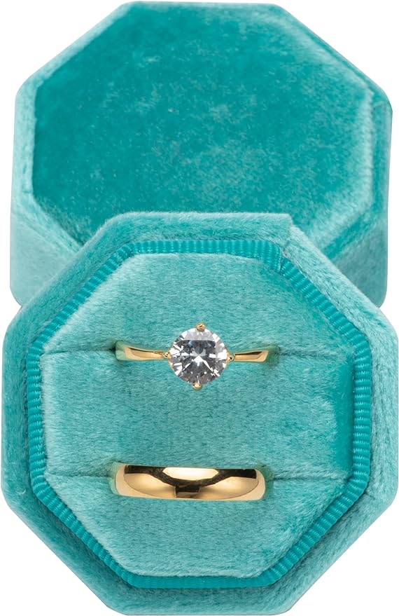Aqua Blue Love Is Patient Double Ring Slots Octagon Velvet Ring Box-Black Diamonds New York