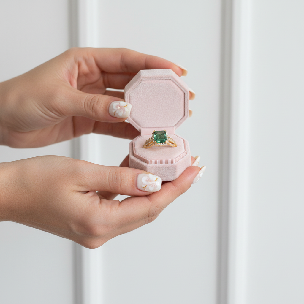 8*6mm Emerald Natural Green Moss Agate Engagement Ring-Black Diamonds New York