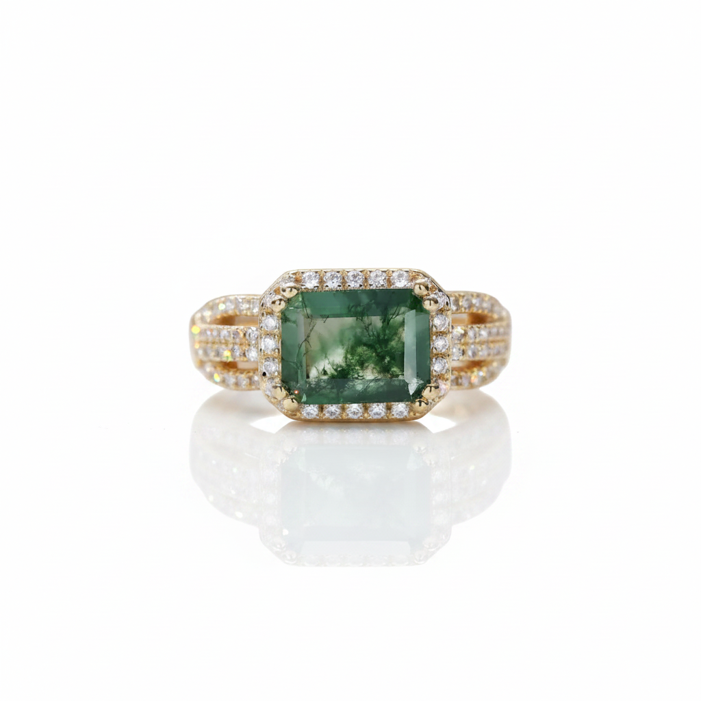 8*6mm Emerald Natural Green Moss Agate Engagement Ring-Black Diamonds New York
