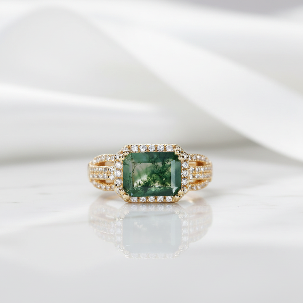 8*6mm Emerald Natural Green Moss Agate Engagement Ring-Black Diamonds New York