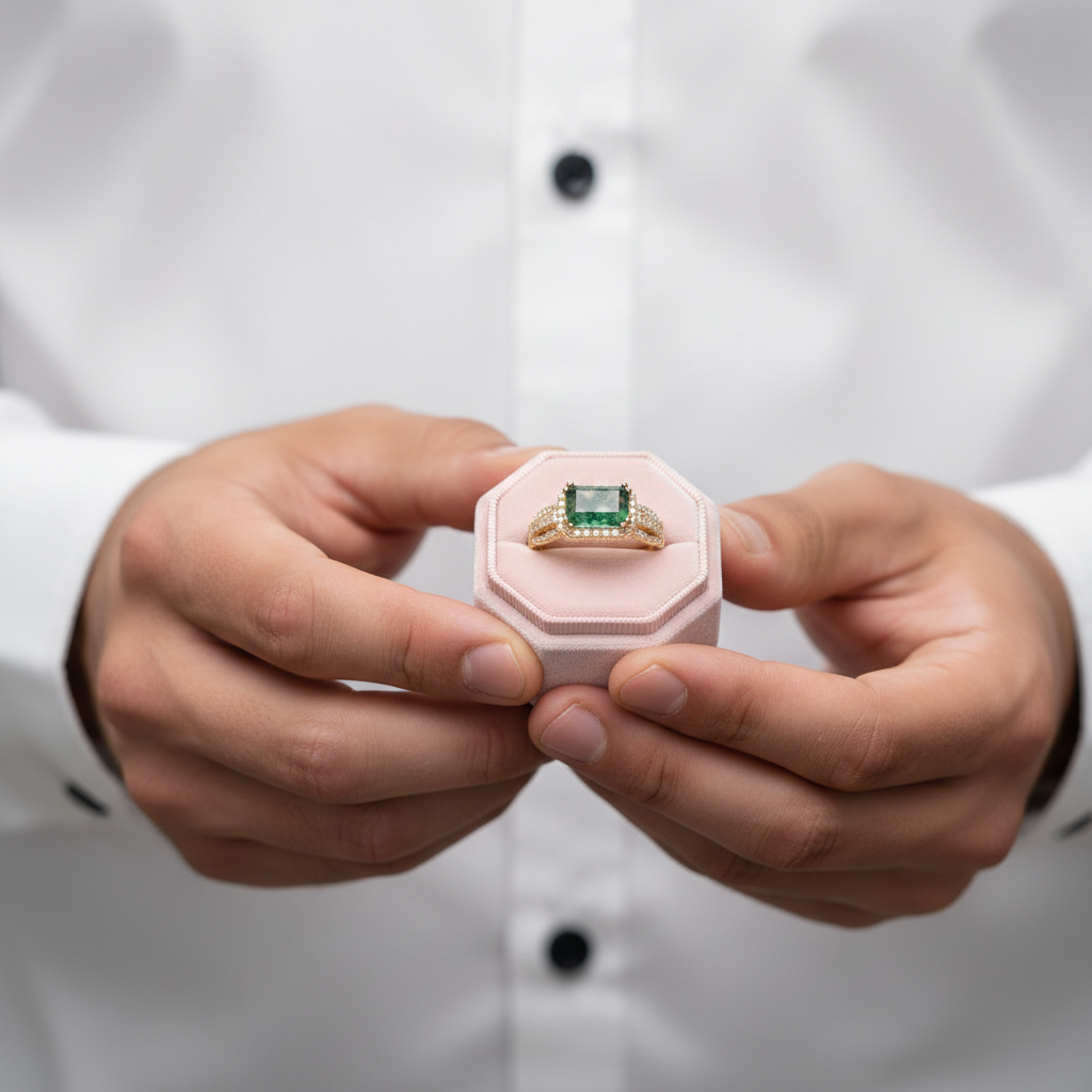 8*6mm Emerald Natural Green Moss Agate Engagement Ring-Black Diamonds New York