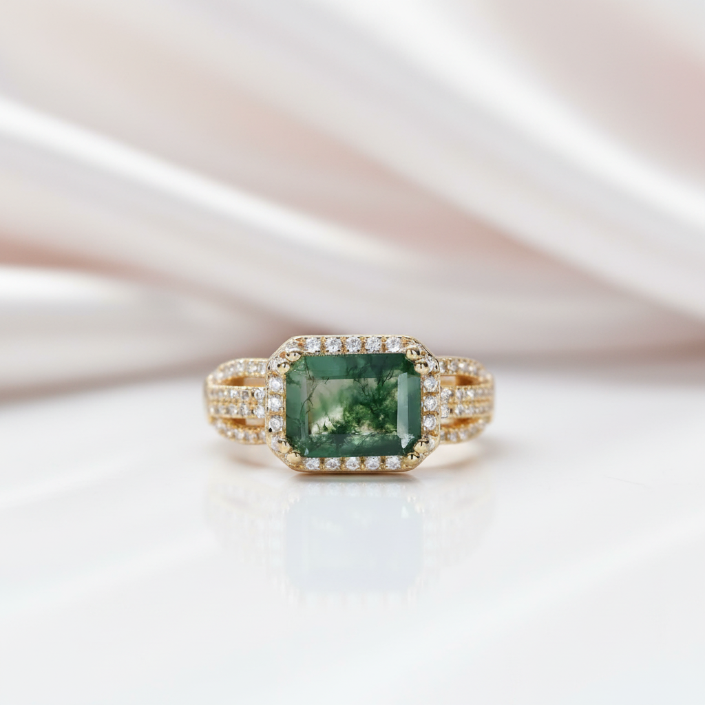8*6mm Emerald Natural Green Moss Agate Engagement Ring-Black Diamonds New York