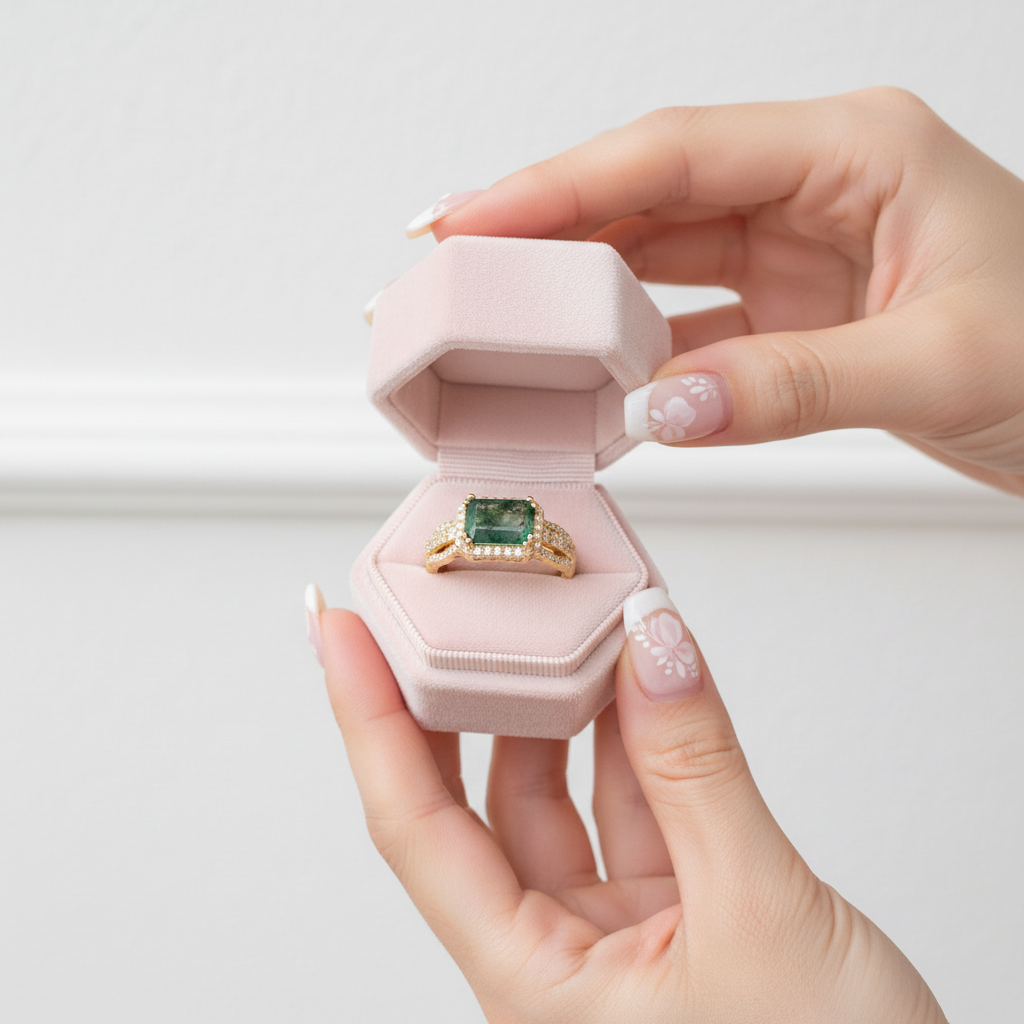 8*6mm Emerald Natural Green Moss Agate Engagement Ring-Black Diamonds New York