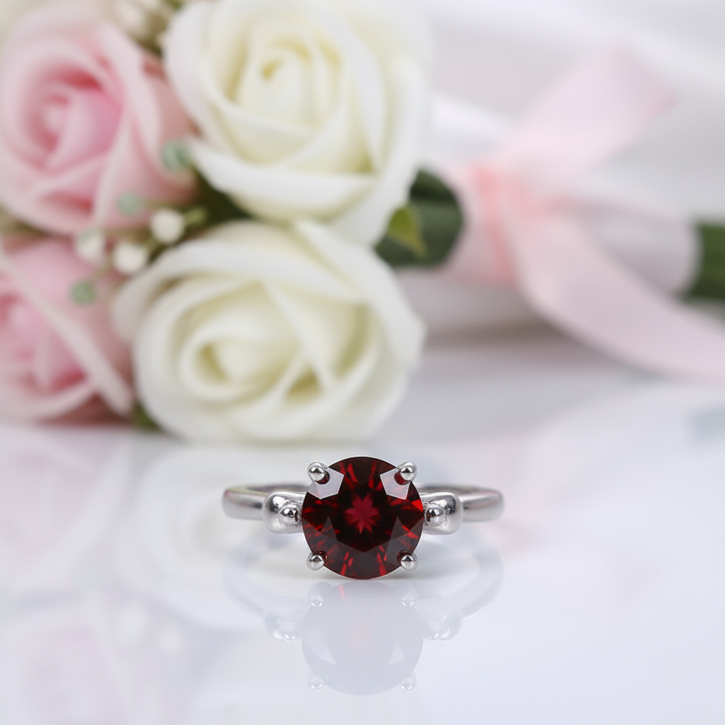 8*8mm Round Cut Garnet Engagement Ring-Black Diamonds New York