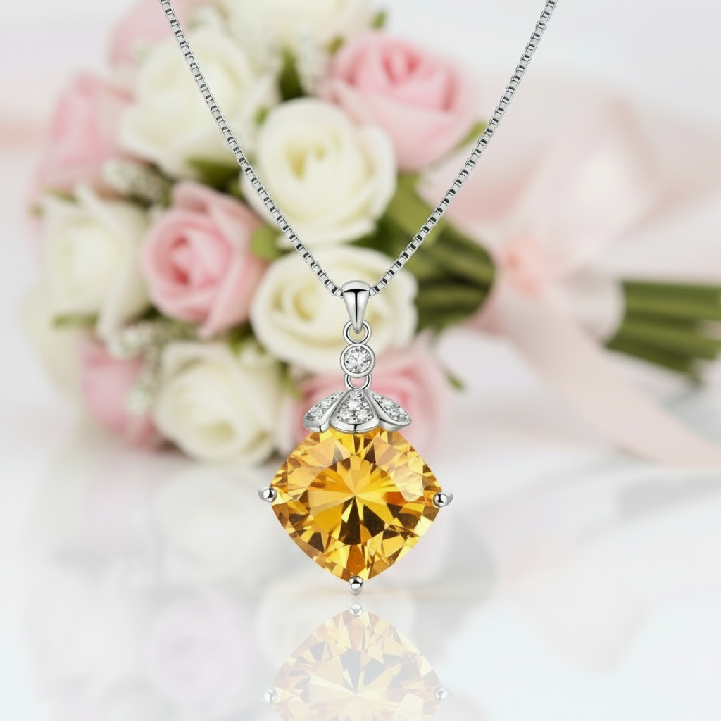 8.0 Ct Cushion Cut Citrine Necklace-Black Diamonds New York