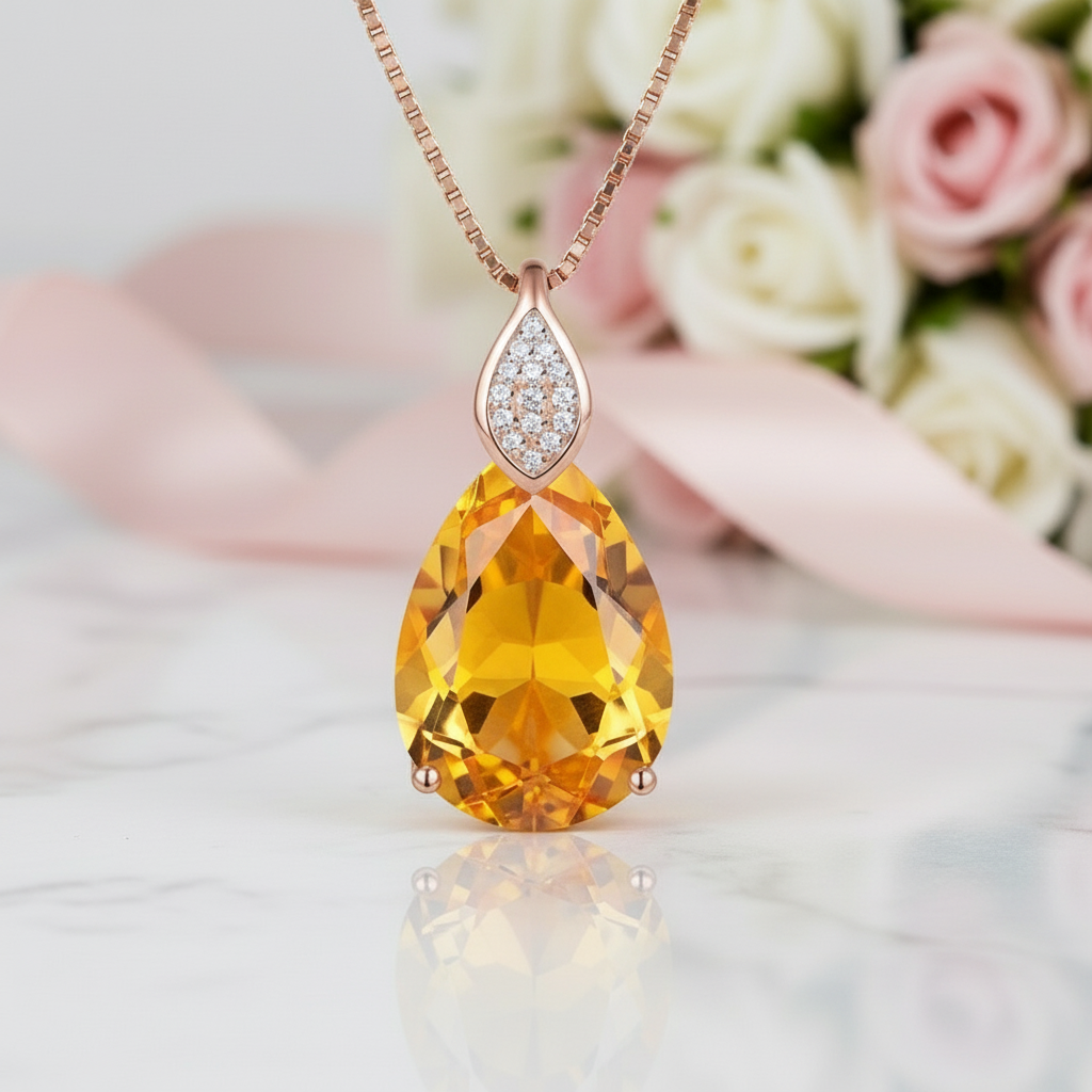 8.0 Ct Teardrop Citrine Bead Vintage Necklace-Black Diamonds New York