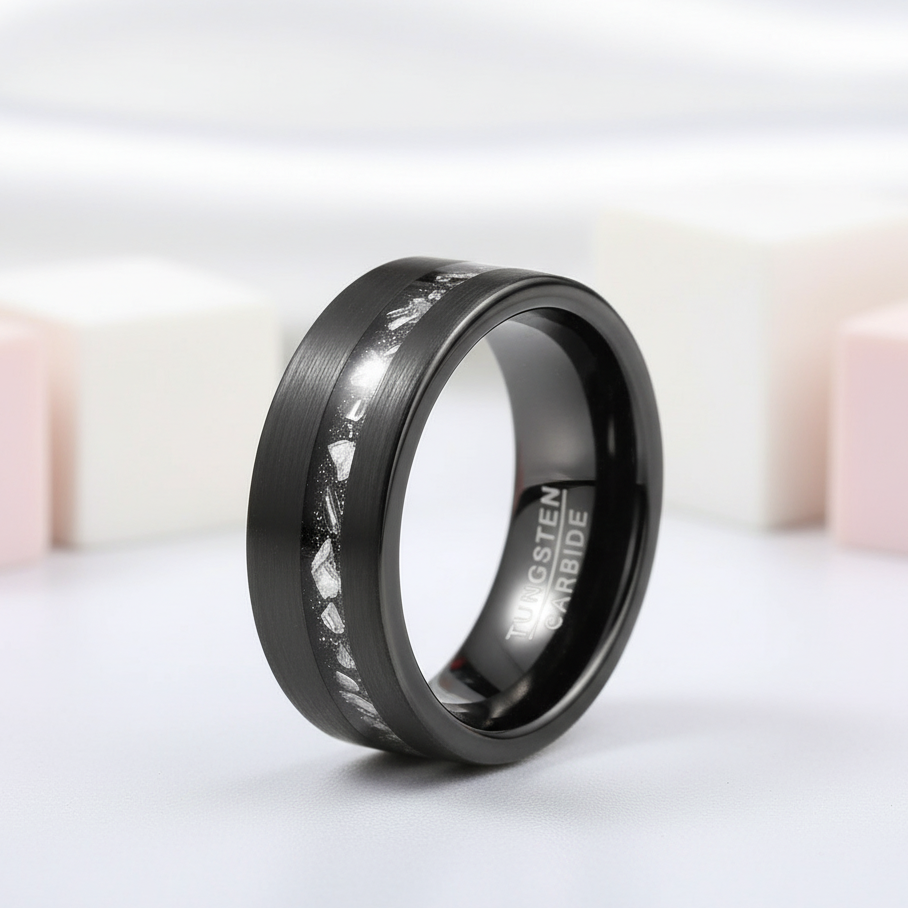 8mm Black Brushed Tungsten Men's Wedding with Meteorite Fragments-Black Diamonds New York