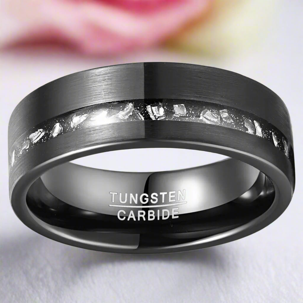 8mm Black Brushed Tungsten Men's Wedding with Meteorite Fragments-Black Diamonds New York