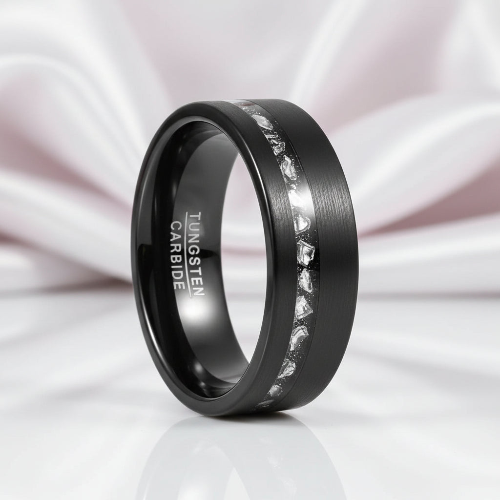 8mm Black Brushed Tungsten Men's Wedding with Meteorite Fragments-Black Diamonds New York