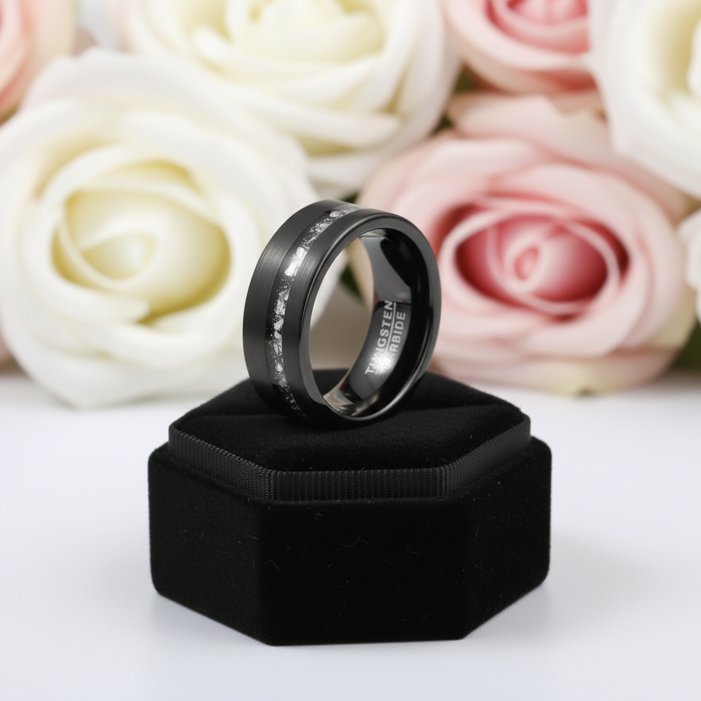 8mm Black Brushed Tungsten Men's Wedding with Meteorite Fragments-Black Diamonds New York