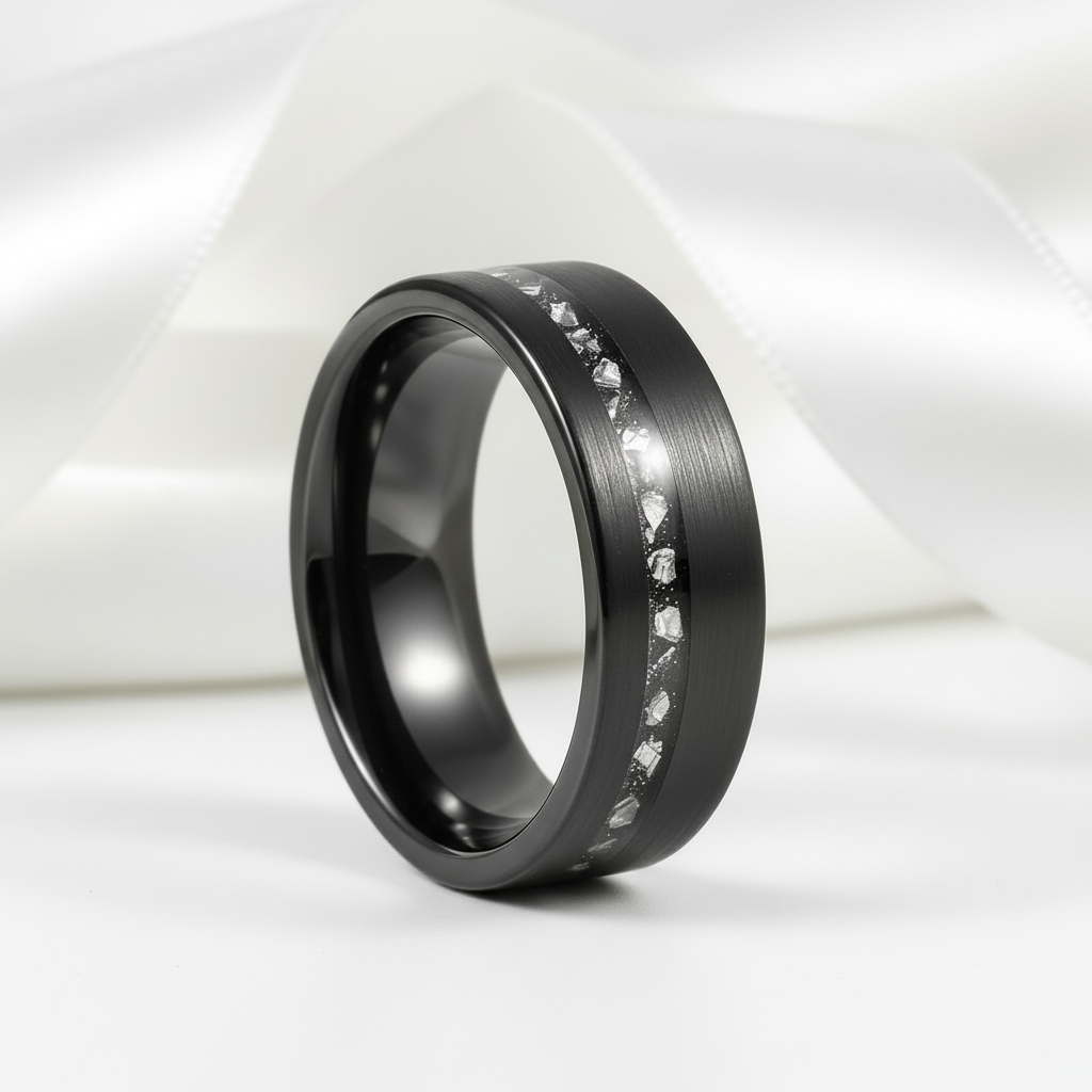 8mm Black Brushed Tungsten Men's Wedding with Meteorite Fragments-Black Diamonds New York