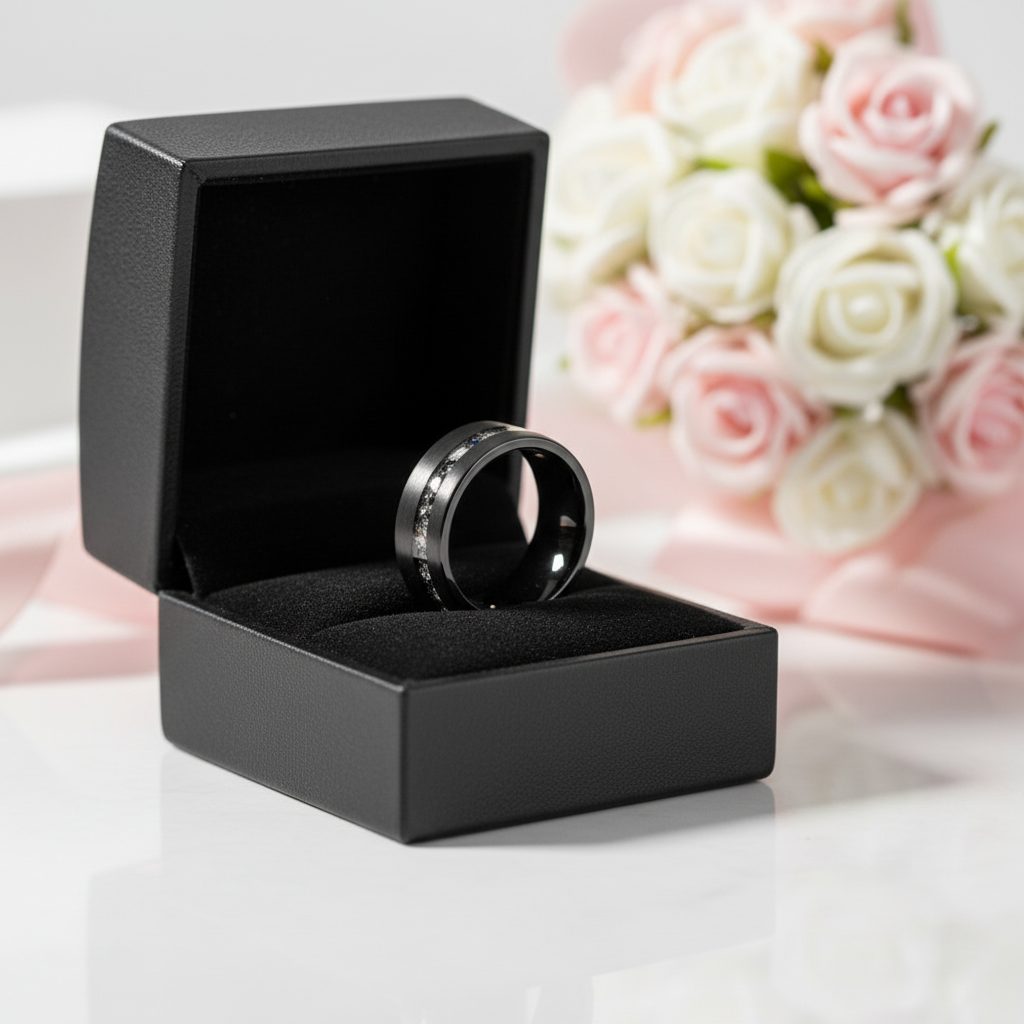 8mm Black Brushed Tungsten Men's Wedding with Meteorite Fragments-Black Diamonds New York