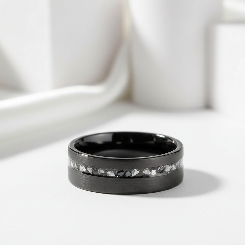 8mm Black Brushed Tungsten Men's Wedding with Meteorite Fragments-Black Diamonds New York