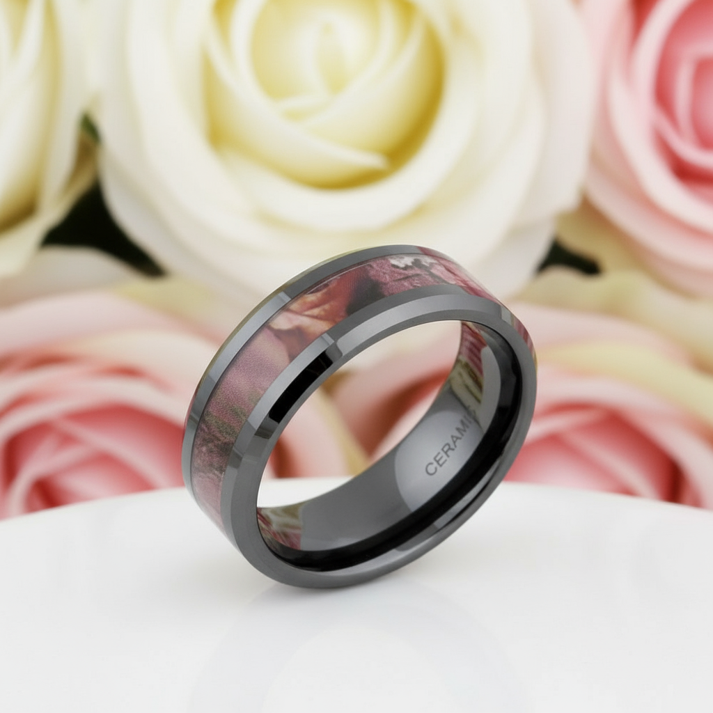 8mm Black Ceramic Wedding Band with Camo Inlay-Black Diamonds New York