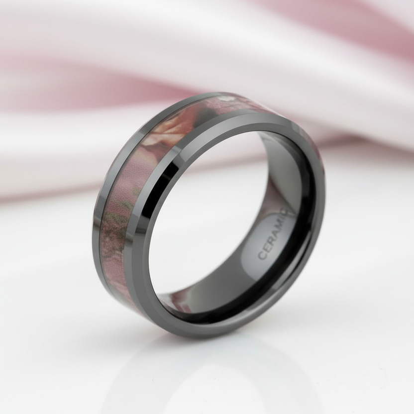 8mm Black Ceramic Wedding Band with Camo Inlay-Black Diamonds New York