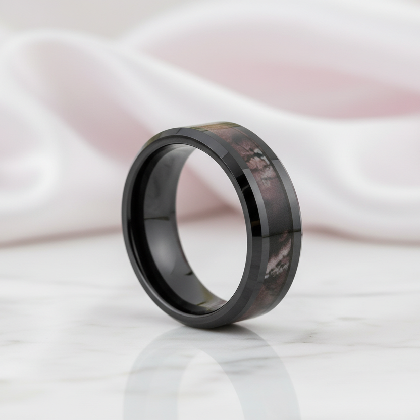 8mm Black Ceramic Wedding Band with Camo Inlay-Black Diamonds New York