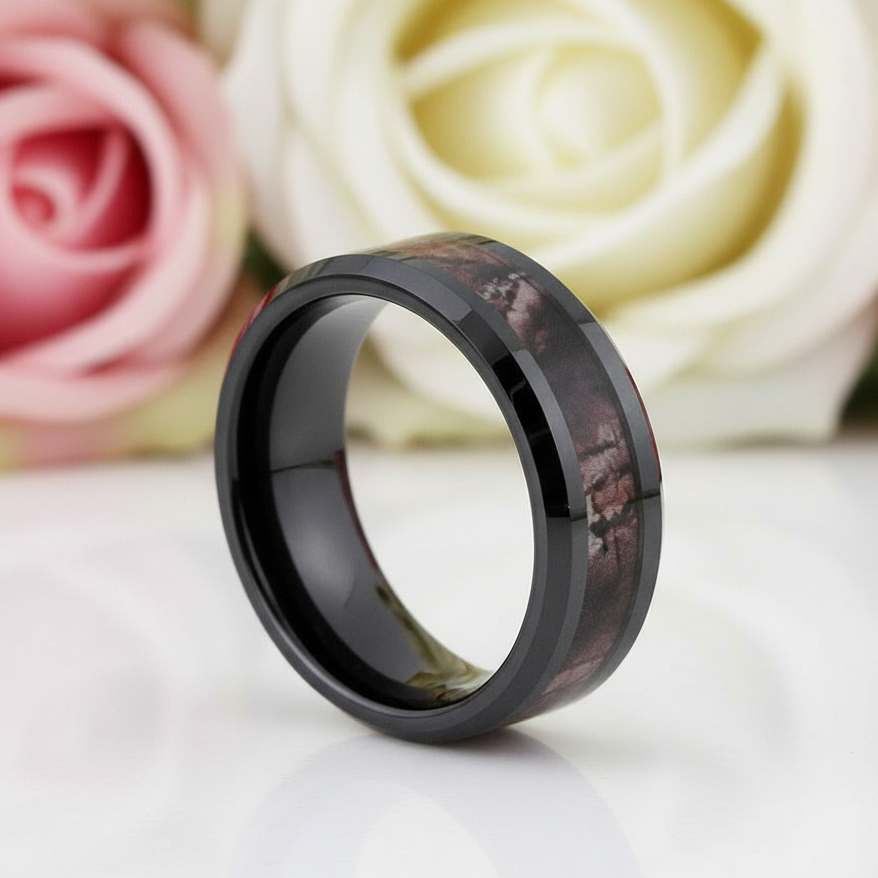 8mm Black Ceramic Wedding Band with Camo Inlay-Black Diamonds New York