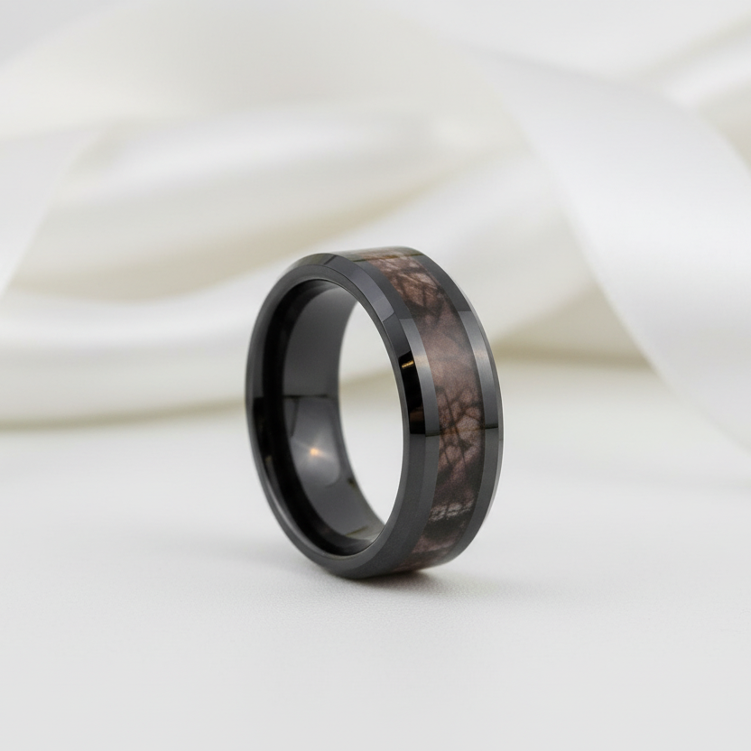 8mm Black Ceramic Wedding Band with Camo Inlay-Black Diamonds New York