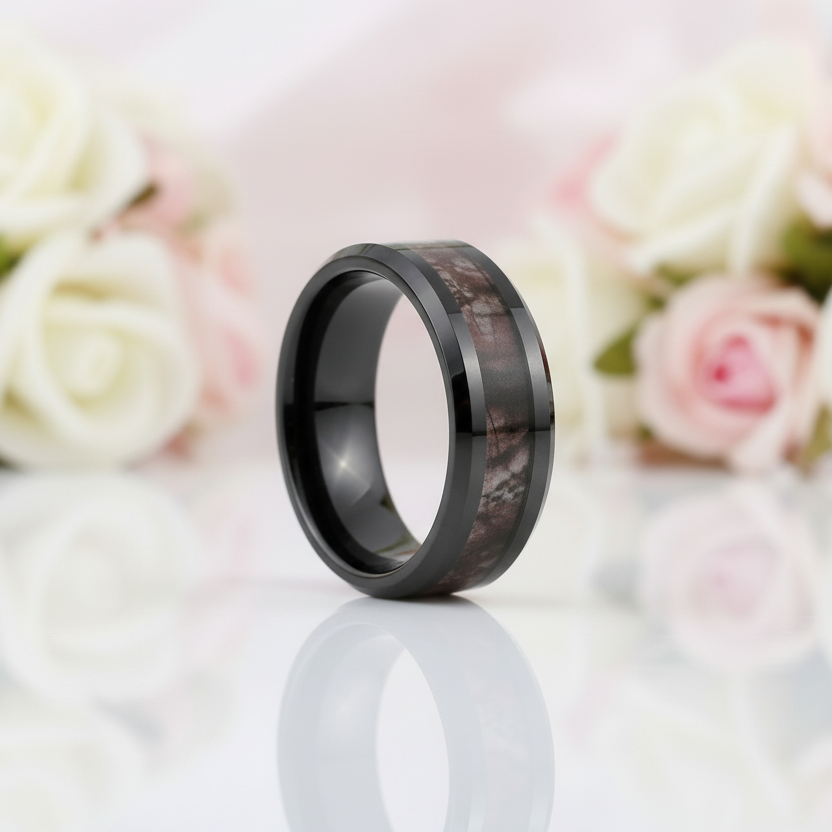 8mm Black Ceramic Wedding Band with Camo Inlay-Black Diamonds New York