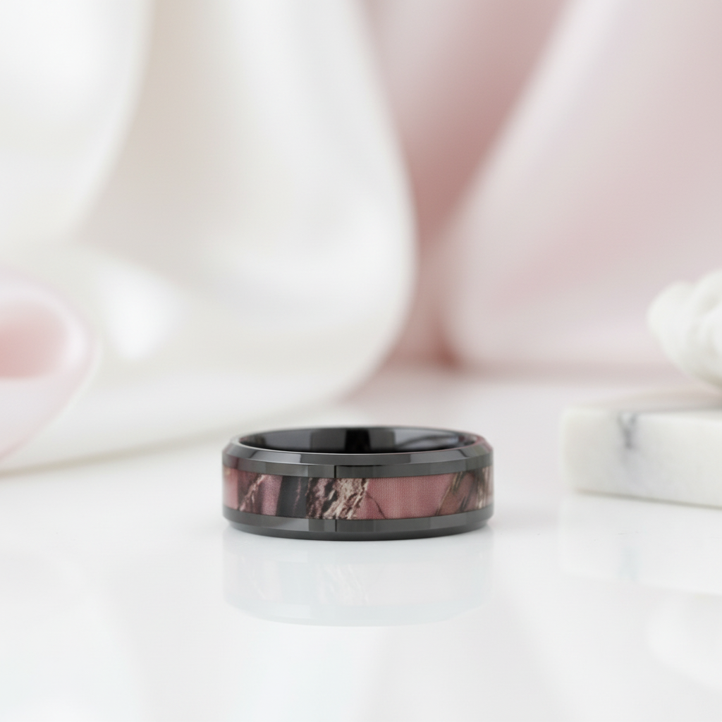 8mm Black Ceramic Wedding Band with Camo Inlay-Black Diamonds New York