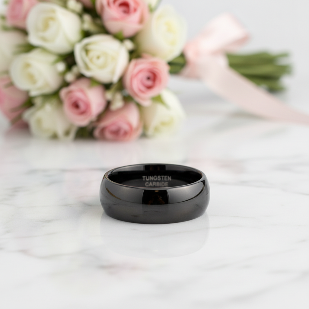 8mm Black Dome Polish Men's Tungsten Carbide Wedding Ring-Black Diamonds New York