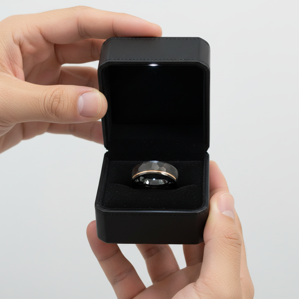 8mm Black Faceted Tungsten Carbide with Rose Gold Line-Black Diamonds New York