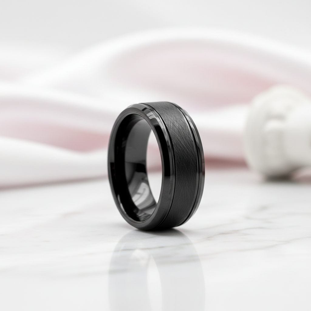 8mm Black Simple Messed Brushed Tungsten Carbide Men's Wedding Band-Black Diamonds New York