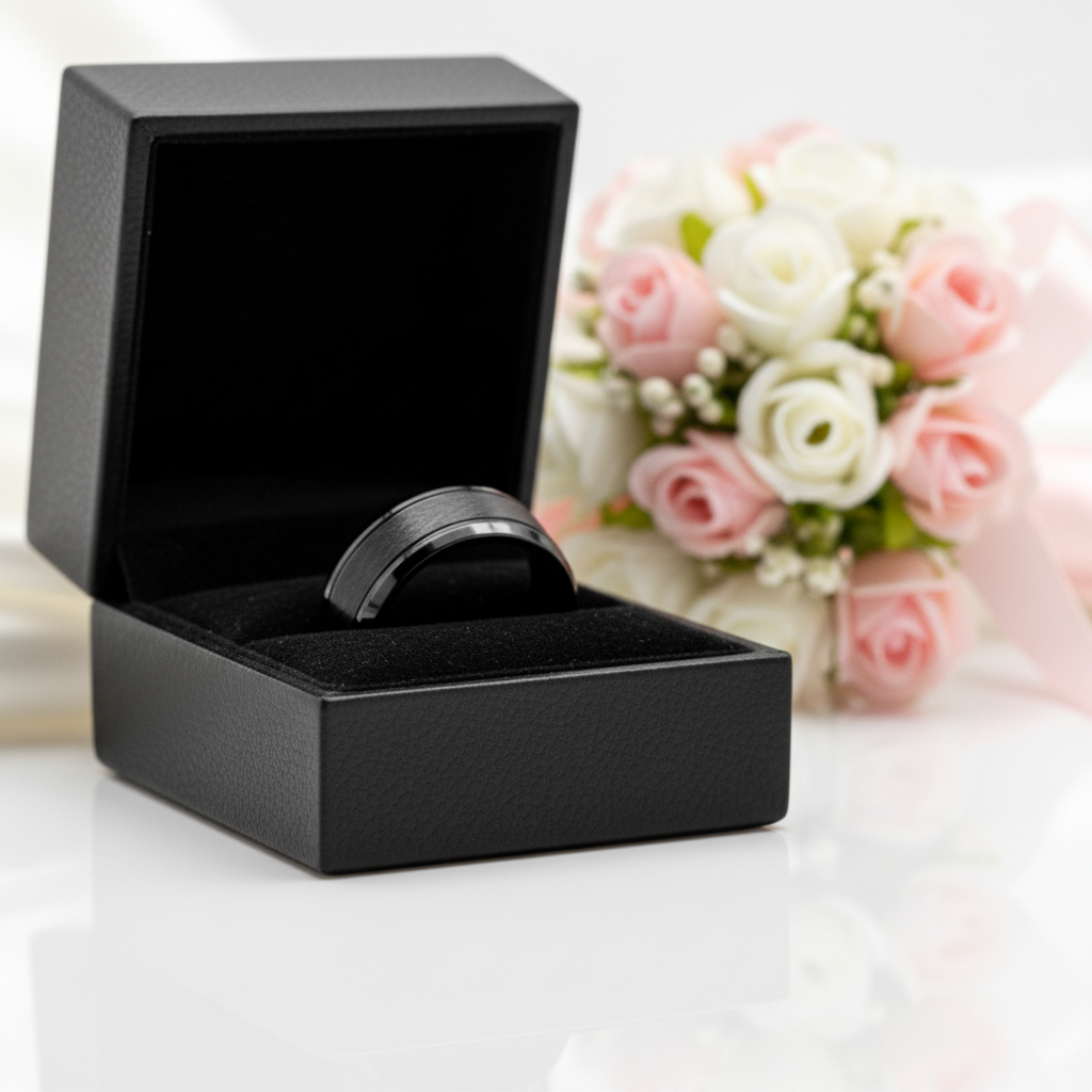 8mm Black Simple Messed Brushed Tungsten Carbide Men's Wedding Band-Black Diamonds New York