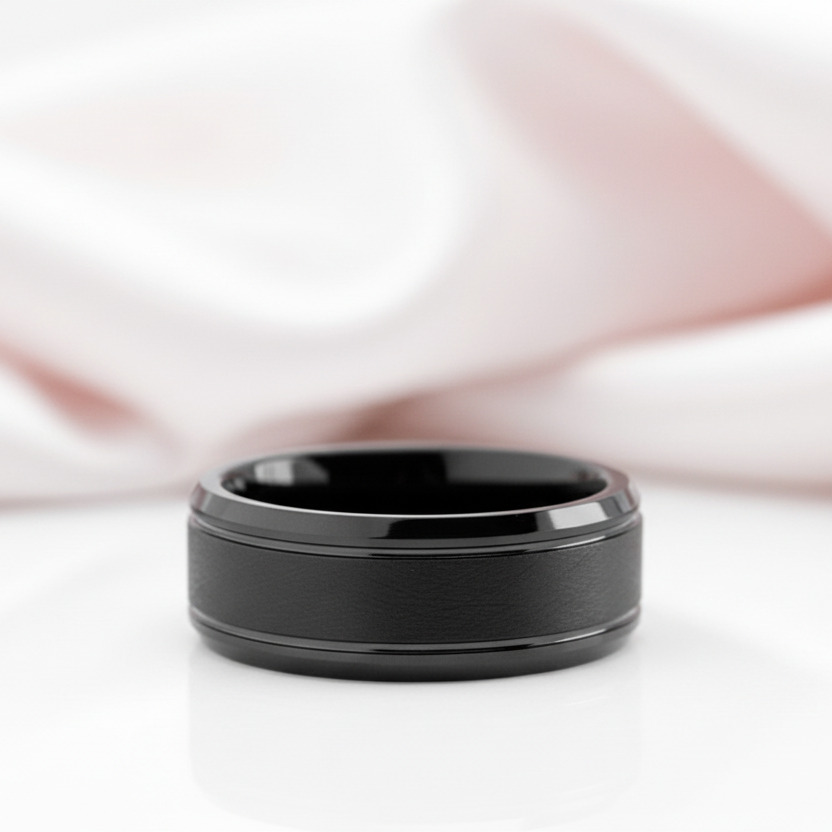 8mm Black Simple Messed Brushed Tungsten Carbide Men's Wedding Band-Black Diamonds New York