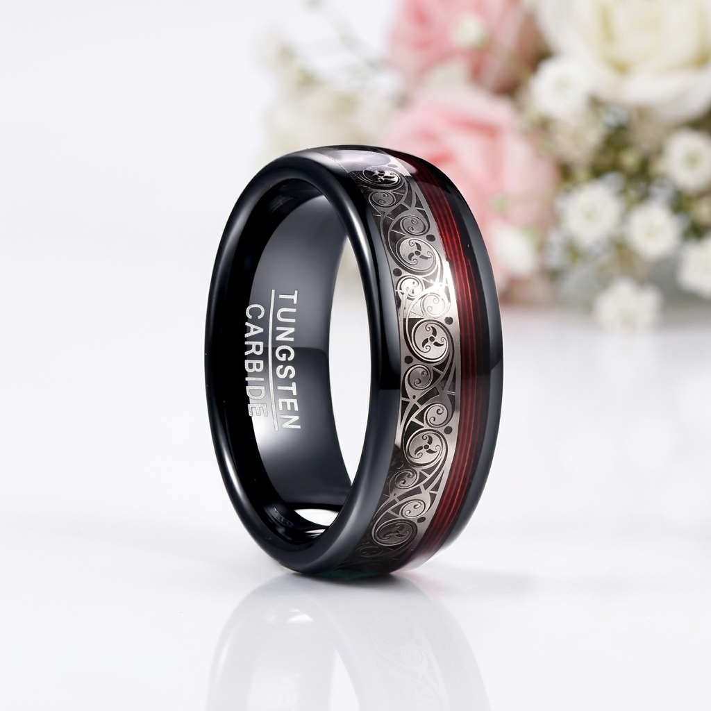 8mm Black Tungsten Wedding Band with Spiral & Red String Inlay-Black Diamonds New York