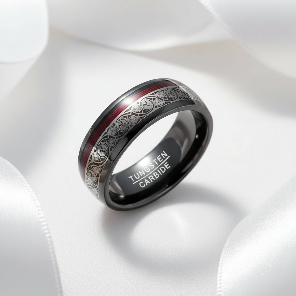 8mm Black Tungsten Wedding Band with Spiral & Red String Inlay-Black Diamonds New York