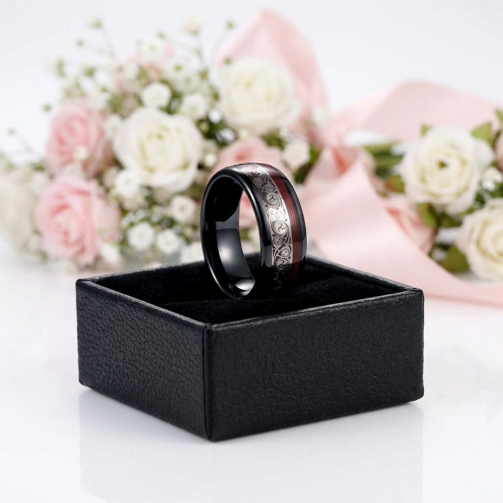 8mm Black Tungsten Wedding Band with Spiral & Red String Inlay-Black Diamonds New York