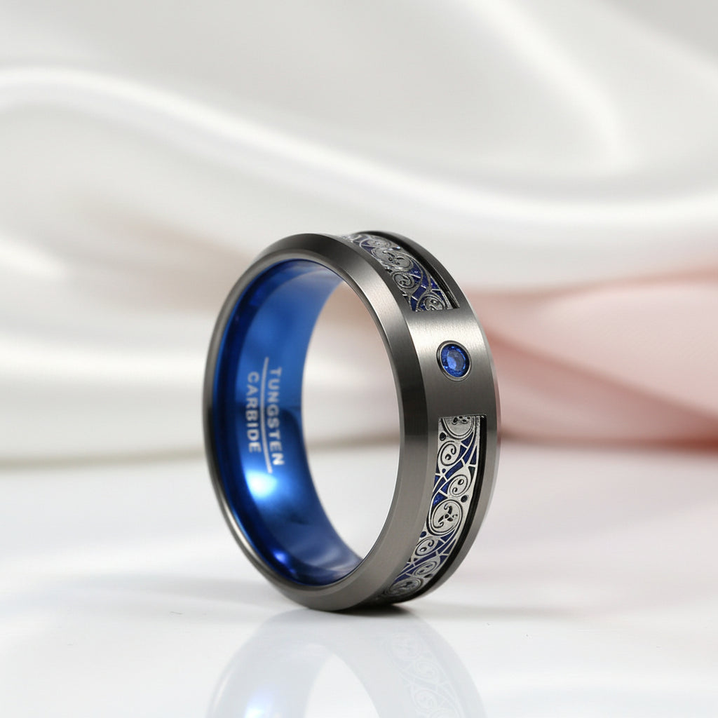 8mm Black Tungsten Wedding Band with Spiral & Red String Inlay-Black Diamonds New York