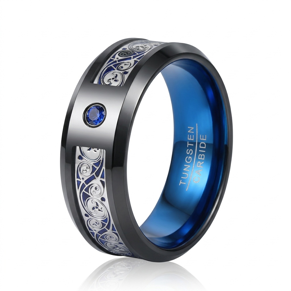 8mm Black Tungsten Wedding Band with Spiral & Red String Inlay-Black Diamonds New York