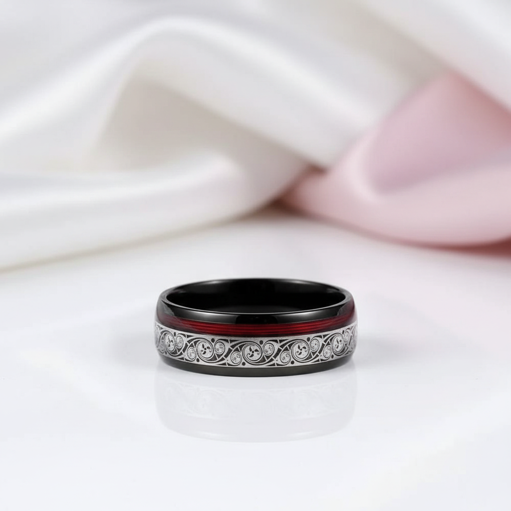 8mm Black Tungsten Wedding Band with Spiral & Red String Inlay-Black Diamonds New York