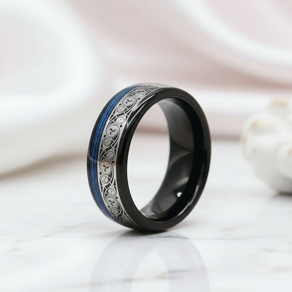 8mm Black Tungsten with Spiral Pattern & Blue Guitar String Inlay-Black Diamonds New York
