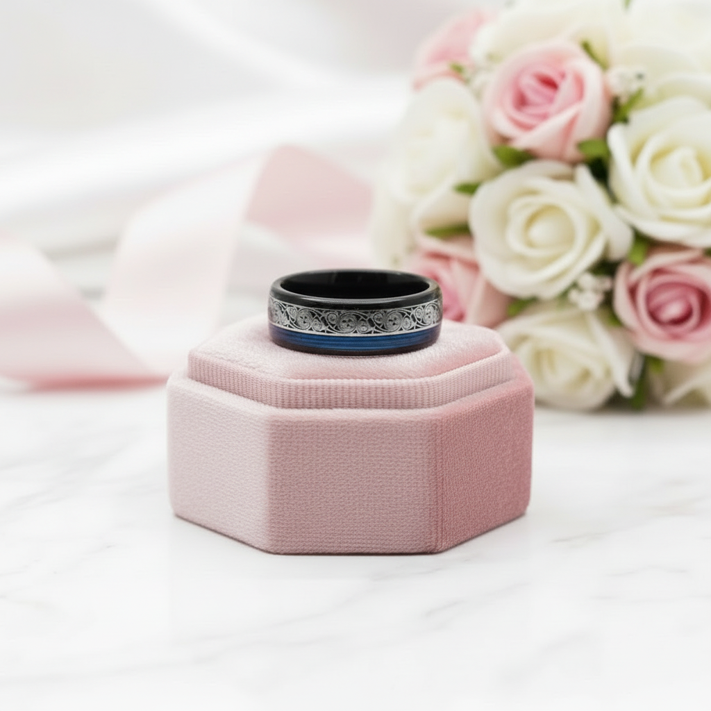 8mm Black Tungsten with Spiral Pattern & Blue Guitar String Inlay-Black Diamonds New York